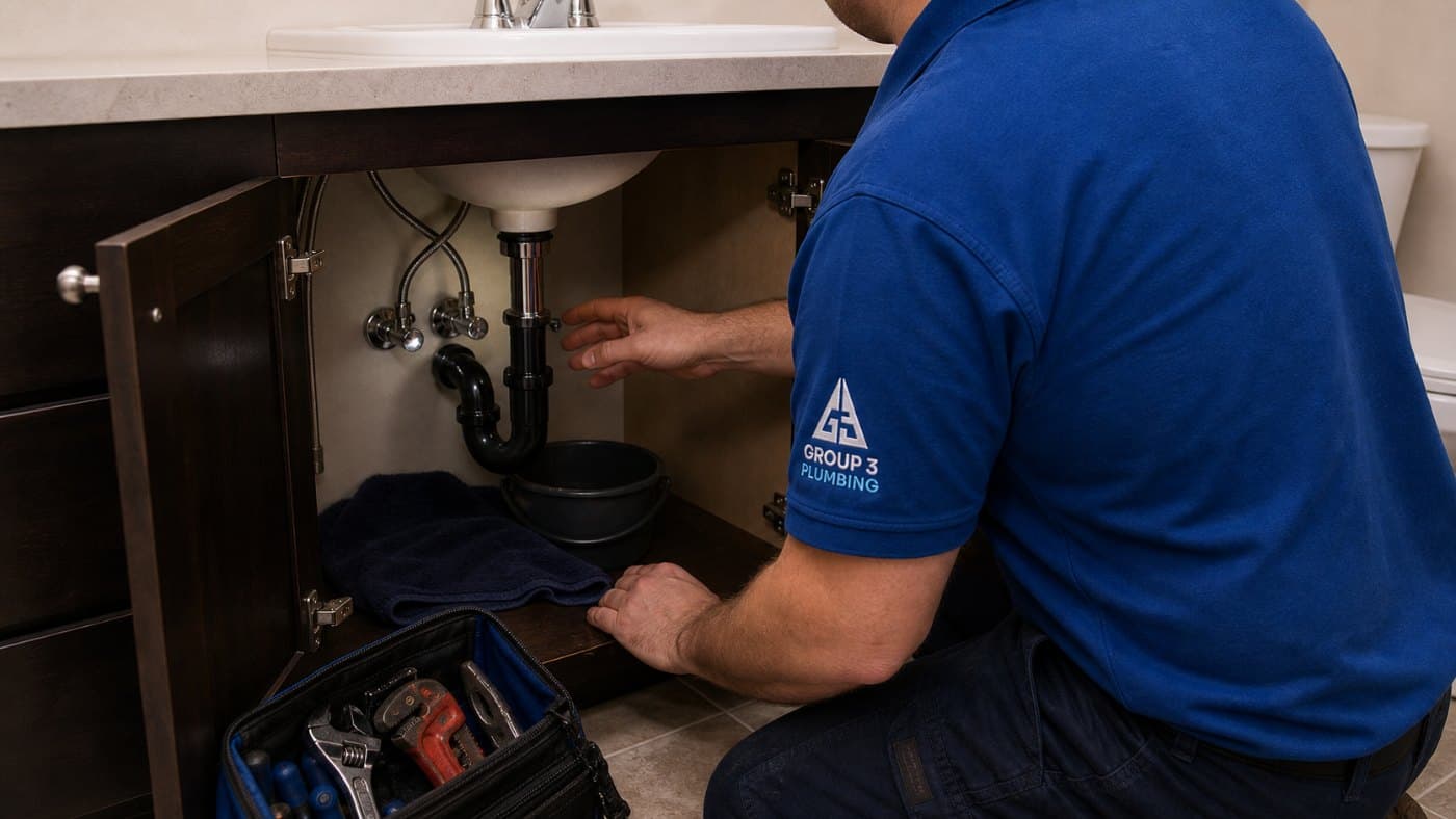 Group 3 plumber fixing a leak under a sink